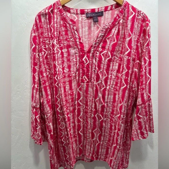 Gloria Vanderbilt V Neck Fushia and White Flowy Boho Embroidered Blouse size XL - Picture 1 of 5